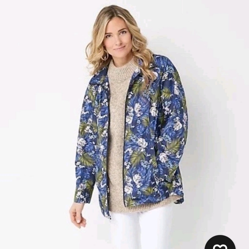 SUSAN GRAVER Blue Tropical Floral Hooded Raincoat Jacket Parka Size L